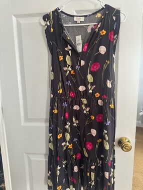 LOFT Black Floral Sleeveless Midi Dress